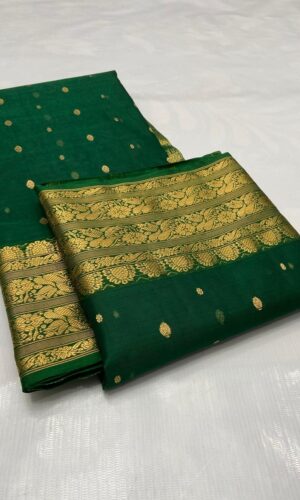 Chanderi Silk Handloom Saree in Dark Green With Zari Weaving