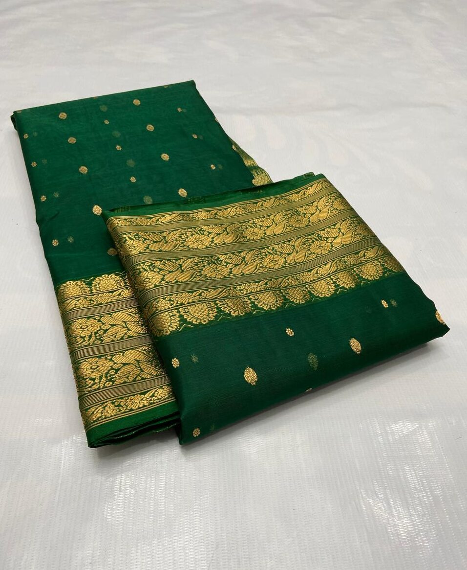 Chanderi Silk Handloom Saree in Dark Green With Zari Weaving