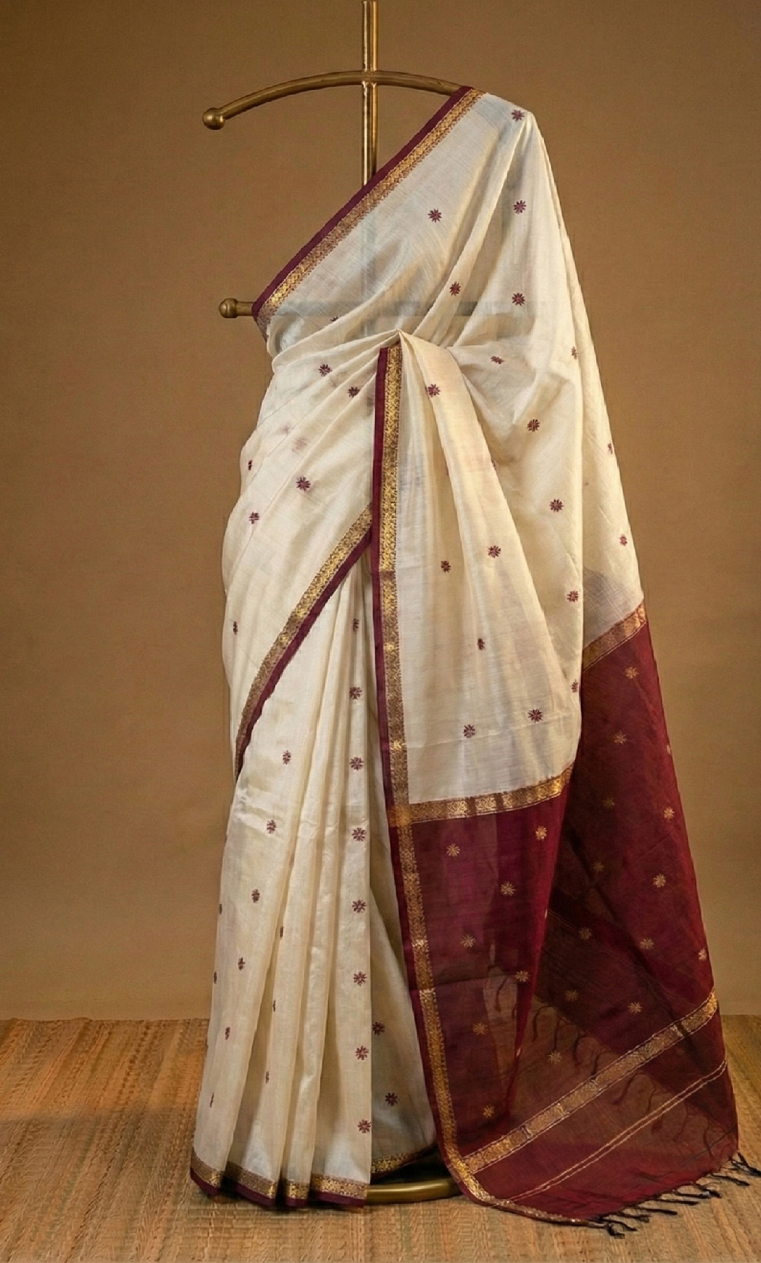Off White with Marron Pallu Maheshwari saree
