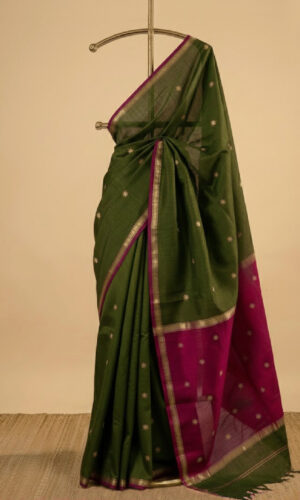 Olive Green with Pink Pallu Maheshwari Handloom Saree