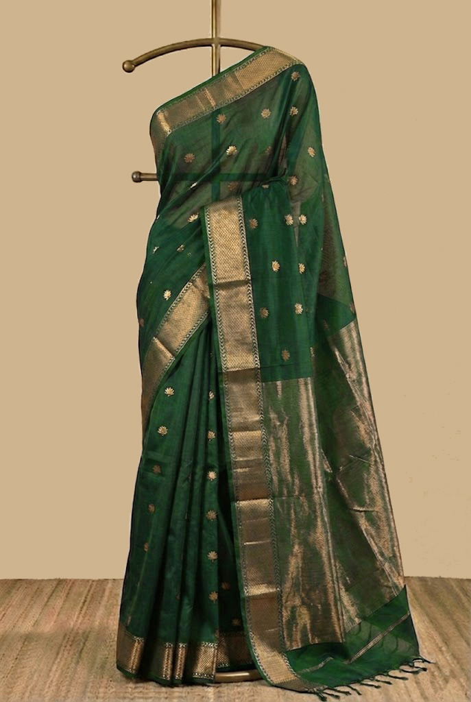 Bottle Green Lotus Butta Maheshwari Handloom Saree