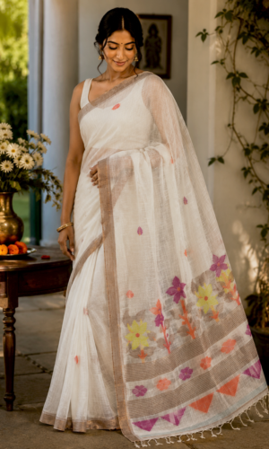 Jayshree Linen Jamdani Handloom Saree in White