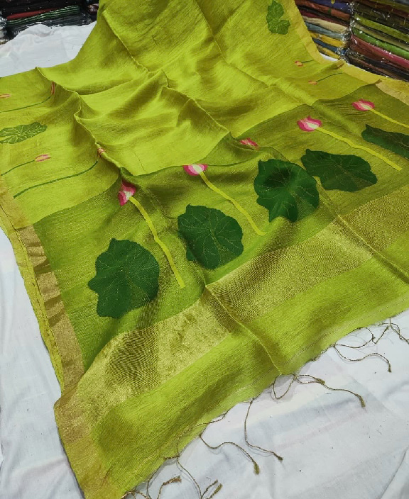 Silk Linen Handloom Jamdani Saree in Parrot Green - Image 7