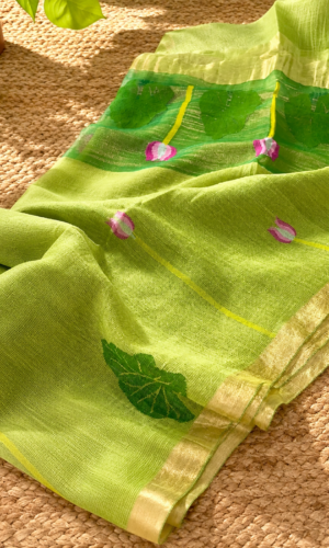 Silk Linen Handloom Jamdani Saree in Parrot Green