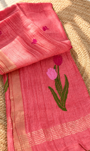 Silk Linen Handloom Jamdani Peach Colour Saree(SLHJPCS03)