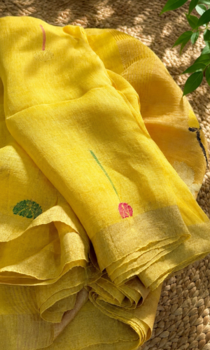 Jayshree Linen Jamdani Handloom Saree with Paithani Pallu in Yellow(JLJHSPY02)