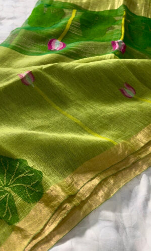 Silk Linen Handloom Jamdani Saree in Parrot Green