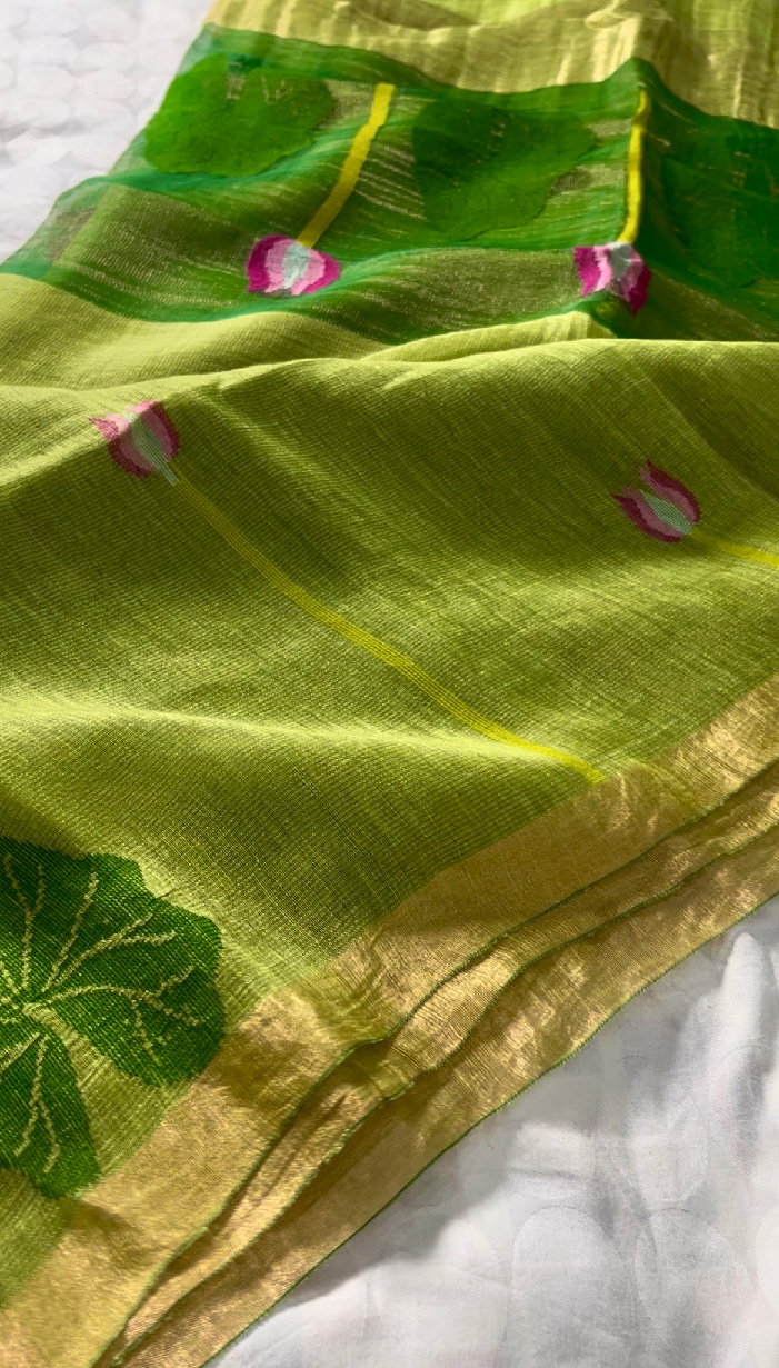 Silk Linen Handloom Jamdani Saree in Parrot Green