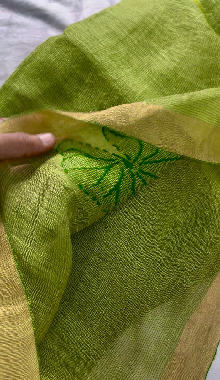 Silk Linen Handloom Jamdani Saree in Parrot Green - Image 6