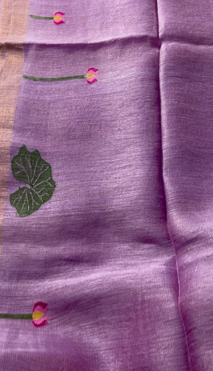 Silk Linen Handloom Jamdani Saree in Lilac Pink - Image 7