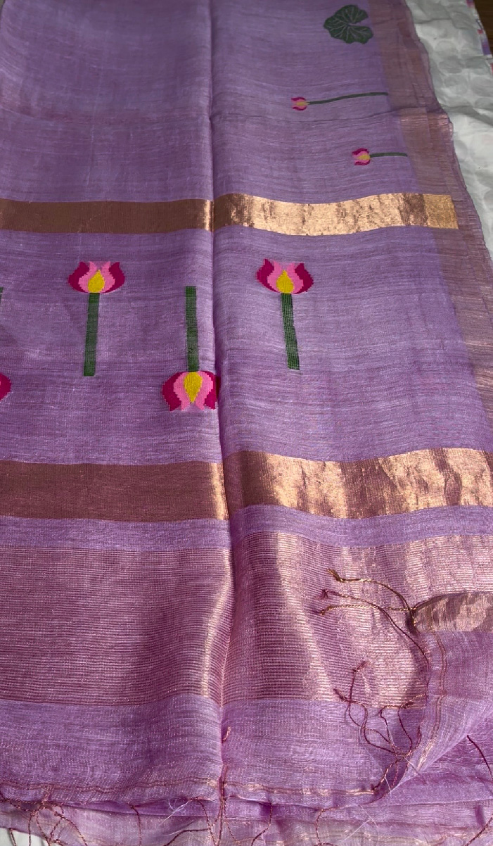 Silk Linen Handloom Jamdani Saree in Lilac Pink - Image 5