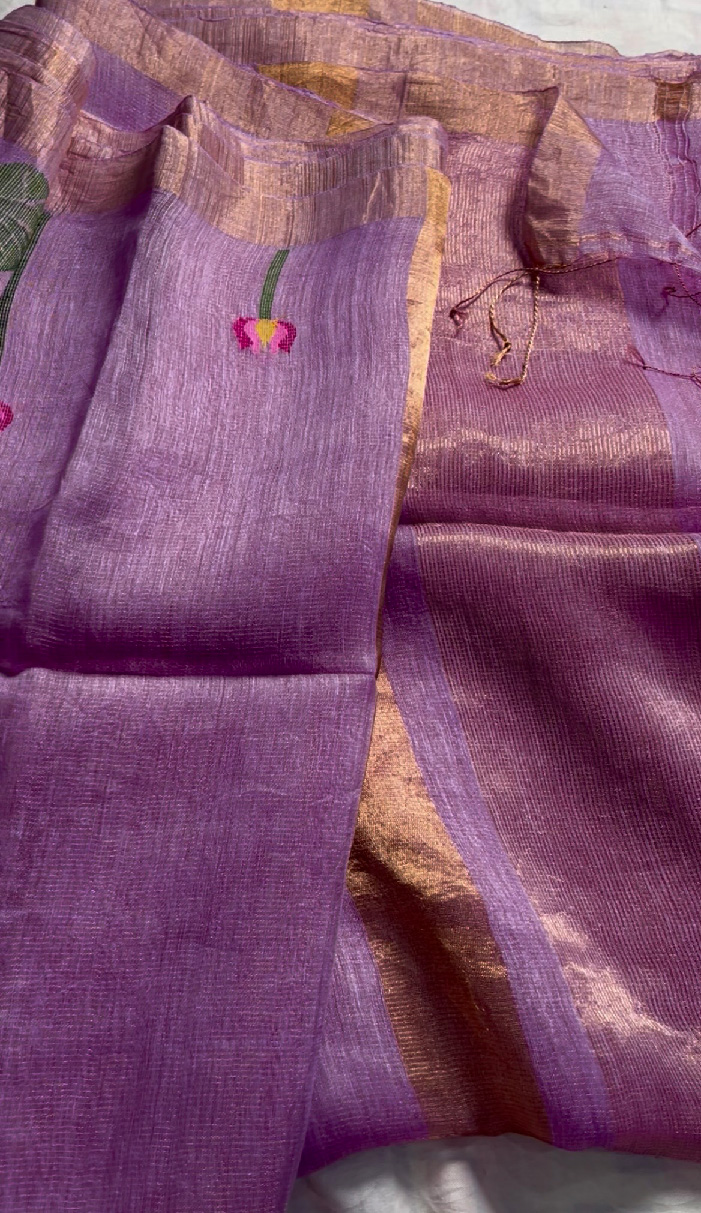 Silk Linen Handloom Jamdani Saree in Lilac Pink - Image 4
