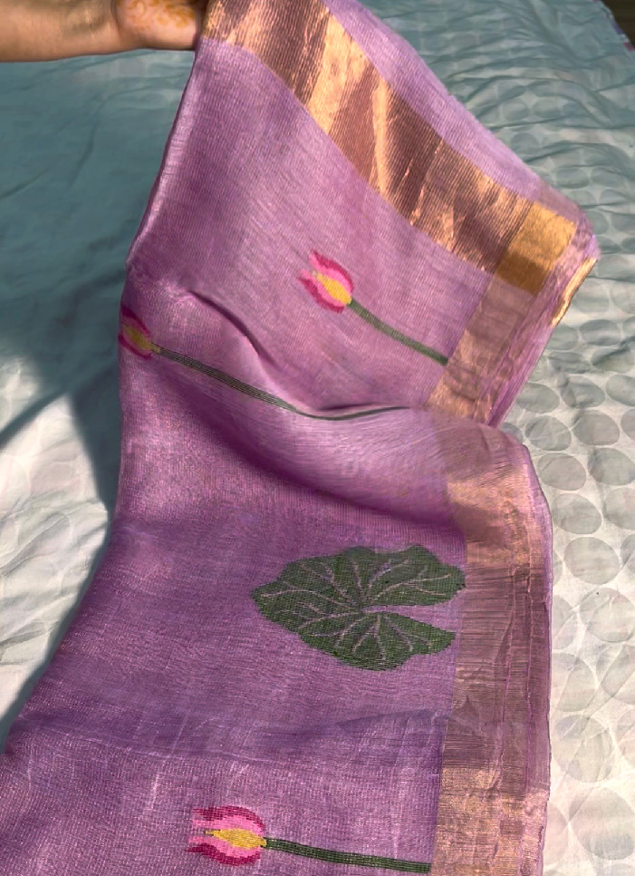 Silk Linen Handloom Jamdani Saree in Lilac Pink - Image 3