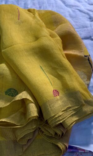 Jayshree Linen Jamdani Handloom Saree with Paithani Pallu in Yellow
