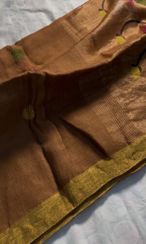 Jayshree Linen Jamdani Handloom Saree with Paithani Pallu in Brown