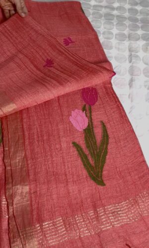Silk Linen Handloom Jamdani Saree in Peach