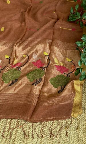 Jayshree Linen Jamdani Handloom Saree with Paithani Pallu in Brown(LJHSPB03)