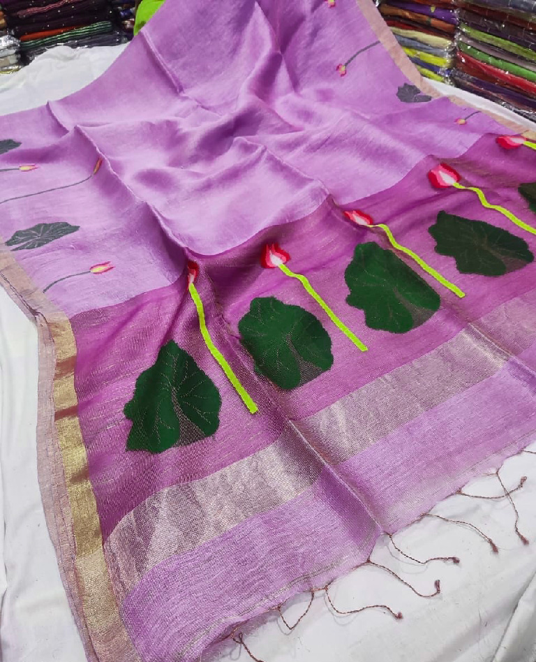 Silk Linen Handloom Jamdani Saree in Lilac Pink - Image 2