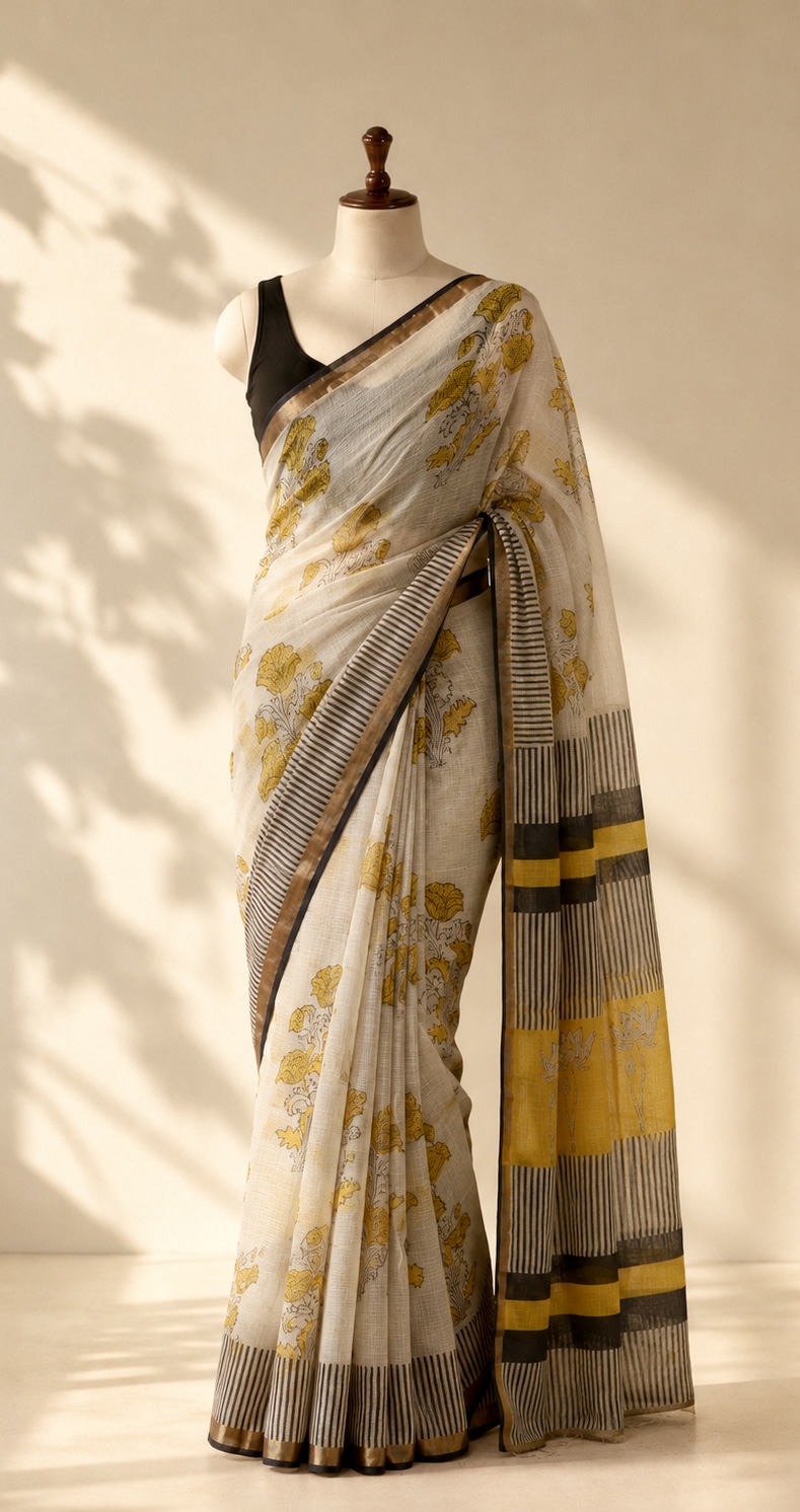 Kota Doria Handblock Printed Saree(KDBPC0001)