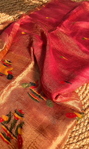 Silk Linen Handloom Pithani Jamdani Wine Saree(SLHPJOGS05)