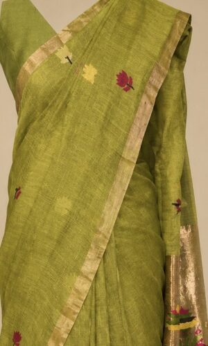 Silk Linen Handloom Pithani Jamdani Olive Green Saree (SLHPJOGS04)
