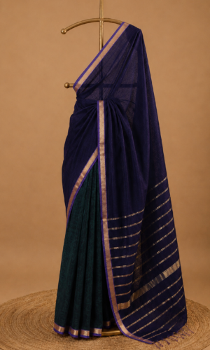 Maheshwari Handloom Navy Blue and Green Saree Without Butta(MHNBGSWB04)
