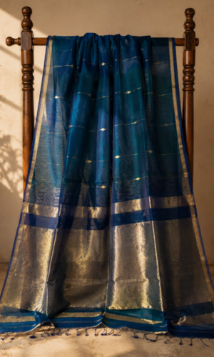 Maheshwari Handloom Saree in Shaded Green and Peacock Blue with Lining Butta(MHSSGPBLB05)