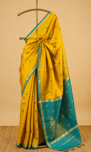 Maheshwari Handloom Saree in Mustard Yellow with Sky Blue Pallu(MHSMYSB019)