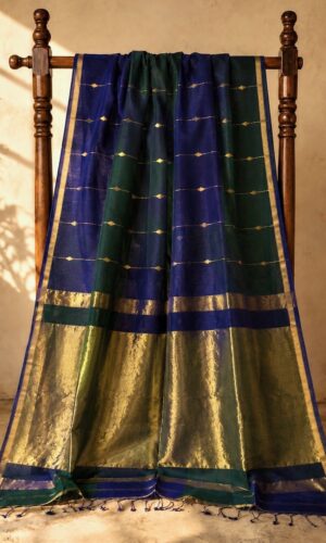 Maheshwari Handloom Saree in Shaded Blue and Green with Lining Butta(MHSSBGLB01)