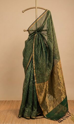 Zari Stripes Maheshwari Handloom Green Saree(ZSMHGS02)