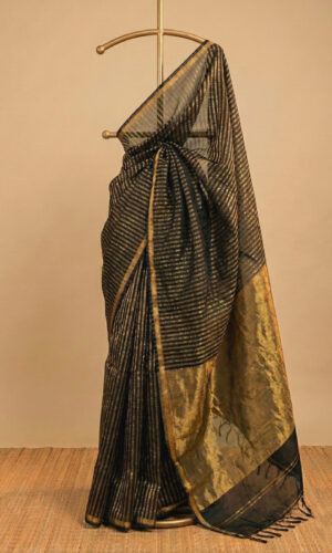 Zari Stripes Maheshwari Handloom Black Saree(ZSMHBS01)