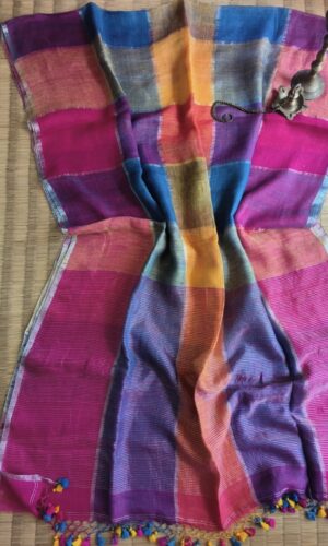 Linen Handloom Saree with Dark Multi Colour Checks(LHSDMCC01)