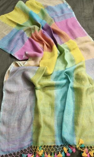 Linen Handloom Saree with Light Multi Colour Checks(LHSLMCC02)