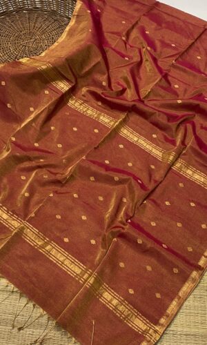 Maheshwari Handloom Rust Red Saree in Zari Weaving with allover Buttas(MHRRSZWB01)