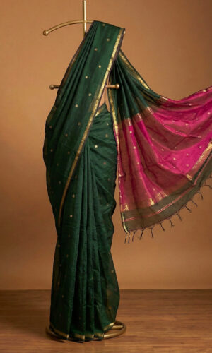 Maheshwari Handloom Saree in Dark Green with Pink Pallu(MHSMYSBDGP022)