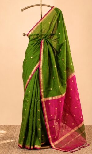 Maheshwari Handloom Saree in Leaf Green with Pink Pallu(MHSLGPP025)