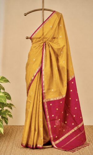 Maheshwari Handloom Saree in Mustard Yellow with Pink Pallu(MHSMYPP026)