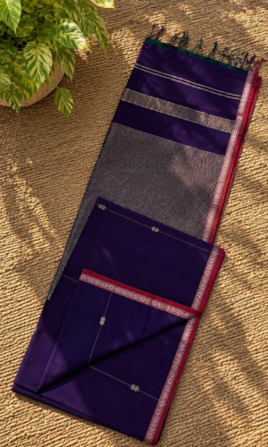 Maheshwari Handloom Saree in Indigo Blue with Silver Zari Lining Butta(MHSIBSZB01)