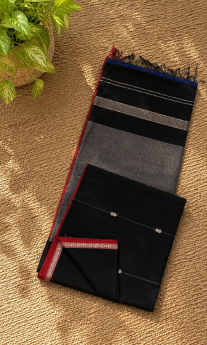 Maheshwari Handloom Saree in Black with Silver Zari Lining Butta(MHSBSZB05)