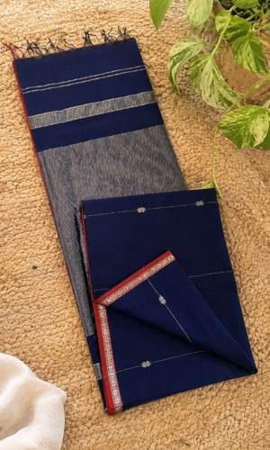Maheshwari Handloom Saree in Navy Blue with Silver Zari Lining Butta(MHSNBSZB04)
