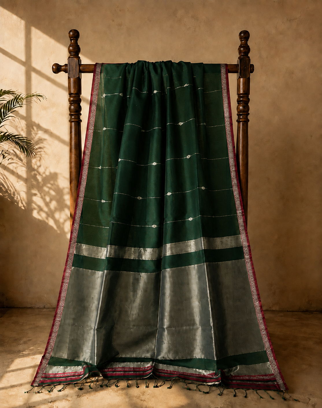 Maheshwari Handloom Saree in Green with Silver Zari Lining Butta(MHSGSZB03) - Image 2