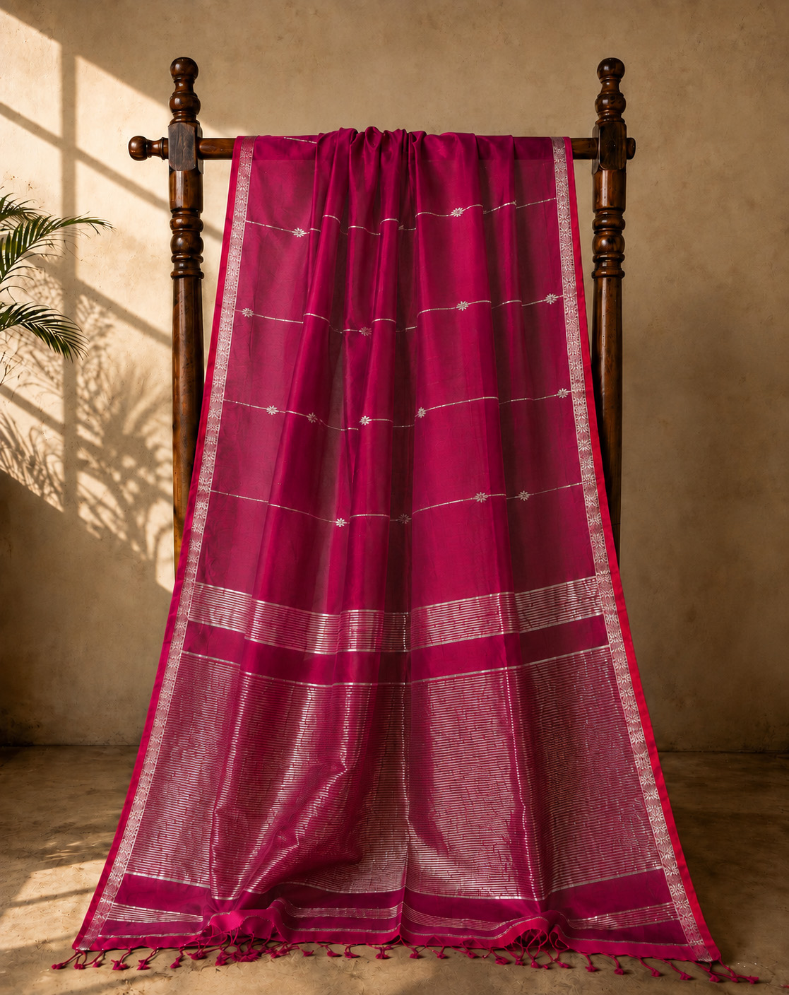 Maheshwari Handloom Saree in Reddish Pink with Silver Zari Lining Butta(MHSRPSZB02) - Image 2