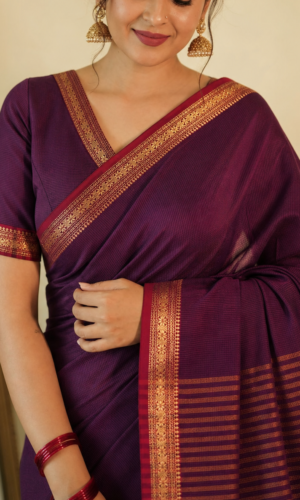 Garbh Reshmi Maheshwari Handloom Saree in Purple with Red(GRMHSPR03)