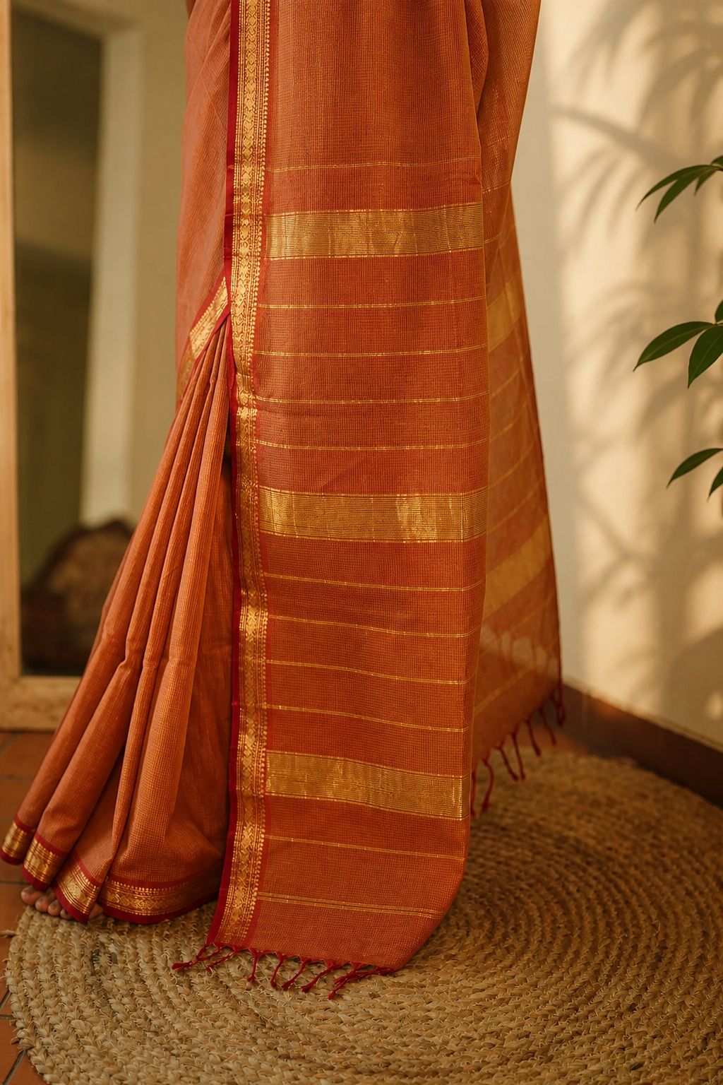 Garbh Reshmi Maheshwari Handloom Saree in Golden Orange(GRMHSGO06) - Image 2