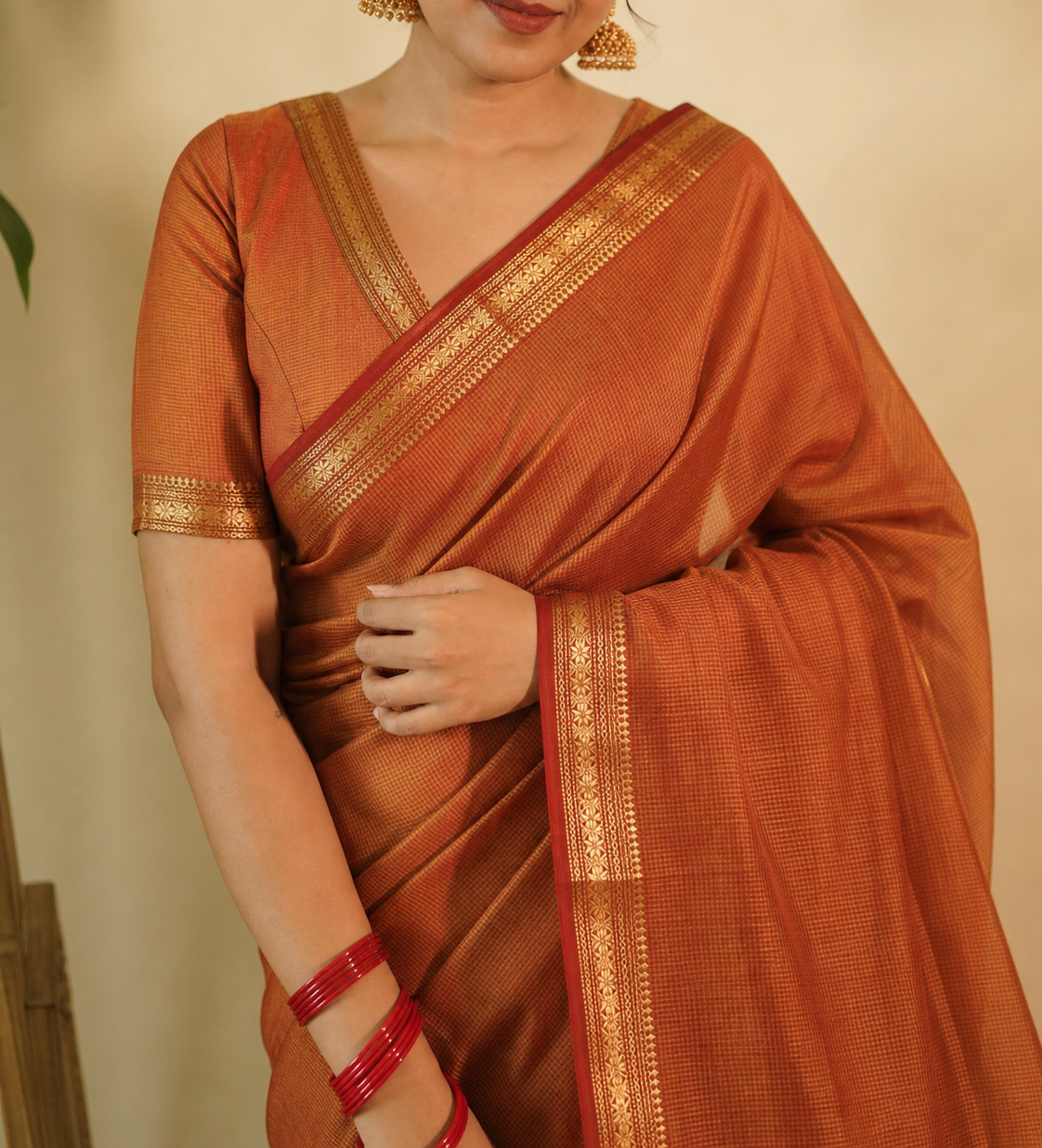 Garbh Reshmi Maheshwari Handloom Saree in Golden Orange(GRMHSGO06)