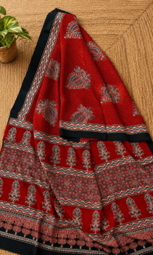 Ajrakh Hand Block Printed Modal Silk Saree Red (AHPMSR10)