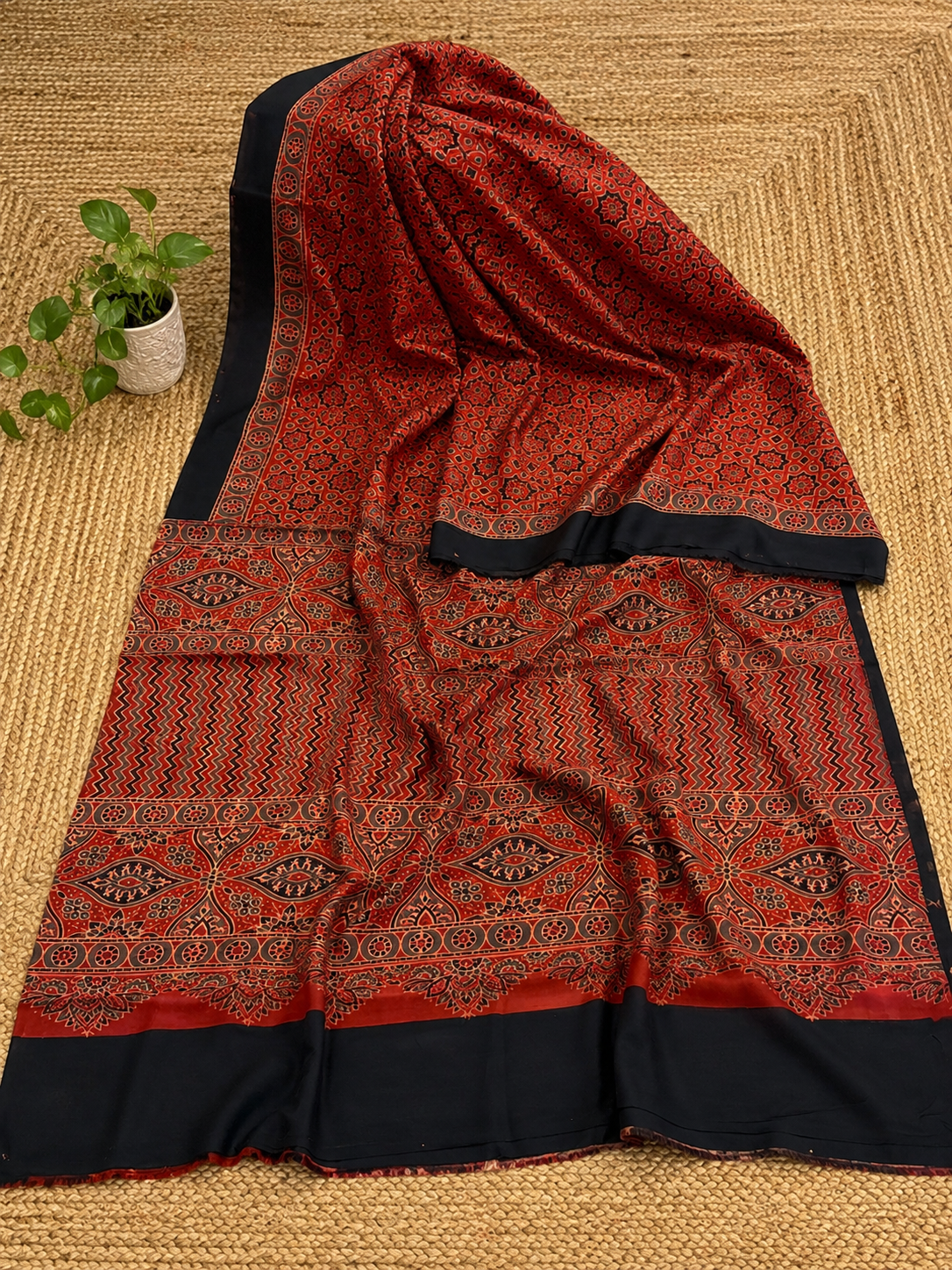 Ajrakh Hand Block Printed Modal Silk Saree Red (AHPMSR08)