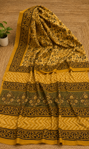 Ajrakh Hand Block Printed Modal Silk Saree Yellow(AHPMSY07)