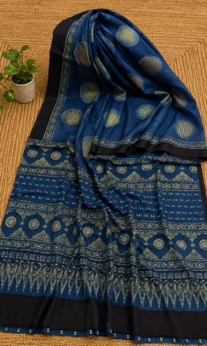 Ajrakh Hand Block Printed Modal Silk Saree Indigo(AHPMSI05)