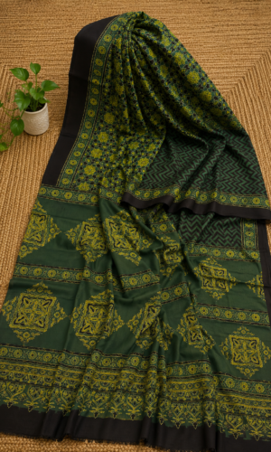 Ajrakh Hand Block Printed Modal Silk Saree Green(AHPMSG04)